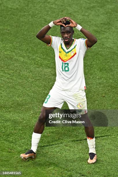 Ismaila Sarr of Senegal celebrates after scoring their team’s first goal off a penalty during the FIFA World Cup Qatar 2022 Group A match between...