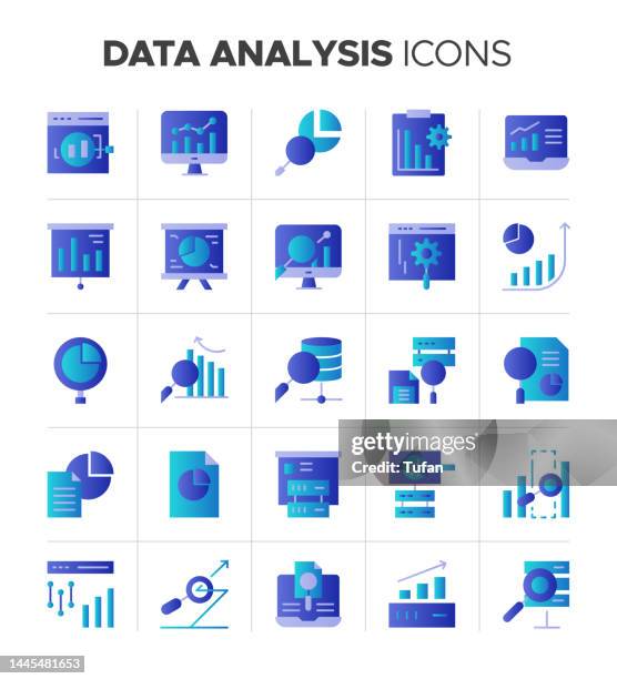 data analysis icon set - charts, reports, graphs and business analysis gradient vector - gradient icons stock illustrations