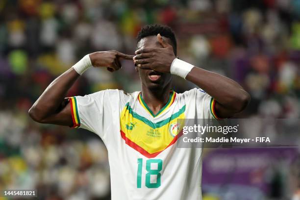 Ismaila Sarr of Senegal celebrates after scoring their team’s first goal off a penalty during the FIFA World Cup Qatar 2022 Group A match between...