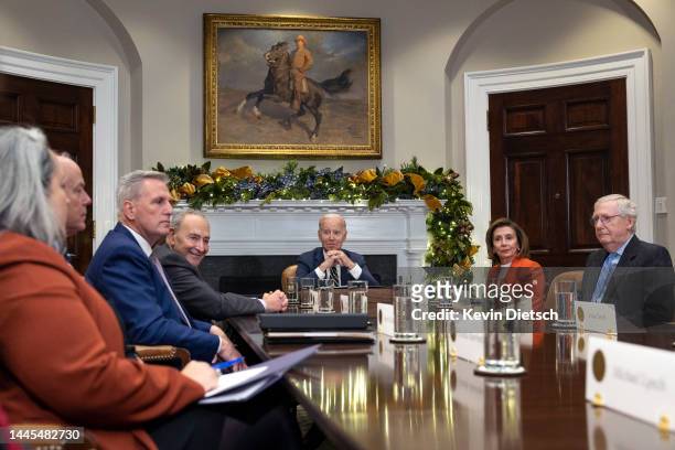 President Joe Biden meets with Congressional Leaders to discuss legislative priorities through the end of 2022, at the White House on November 29,...