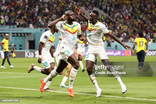 Kalidou Koulibaly of Senegal celebrates scoring his side's second goal during the FIFA World Cup Qatar 2022 Group A match between Ecuador and Senegal...