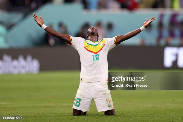 Ismaila Sarr of Senegal celebrates after their sides victory during the FIFA World Cup Qatar 2022 Group A match between Ecuador and Senegal at...