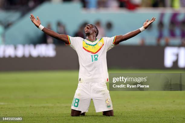 Ismaila Sarr of Senegal celebrates after their sides victory during the FIFA World Cup Qatar 2022 Group A match between Ecuador and Senegal at...