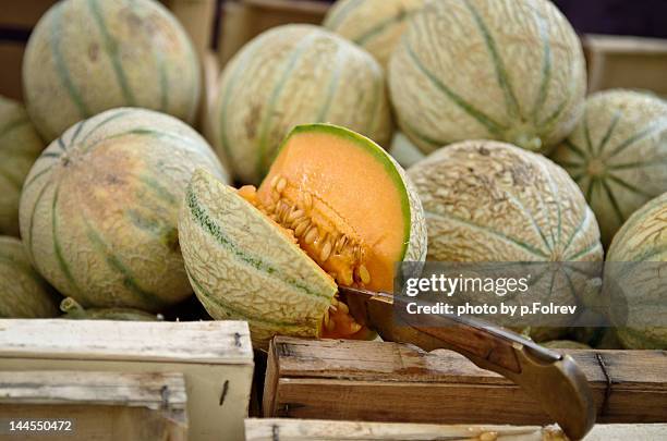 melons display at market - pfolrev stockfoto's en -beelden