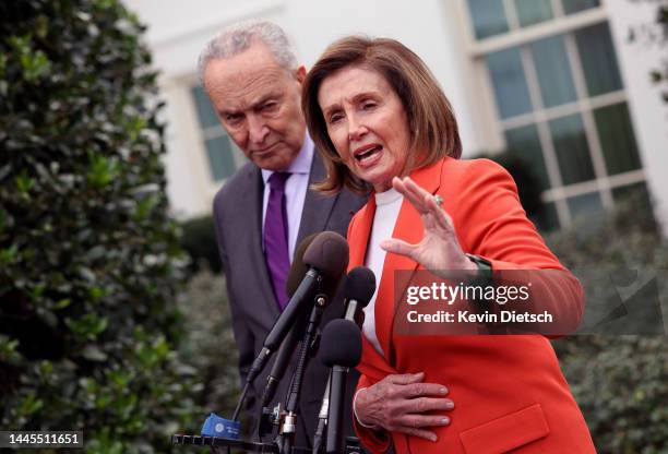 Senate Majority Leader Charles Schumer and Speaker of the House Nancy Pelosi speak to the media following a meeting with U.S. President Joe Biden at...