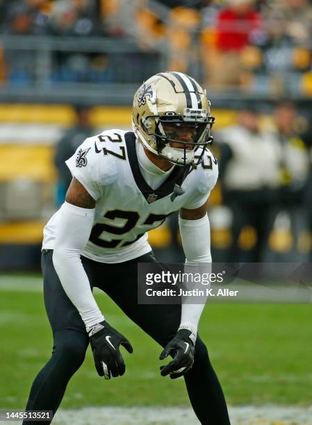 Alontae Taylor of the New Orleans Saints in action against the Pittsburgh Steelers on November 13, 2022 at Acrisure Stadium in Pittsburgh,...