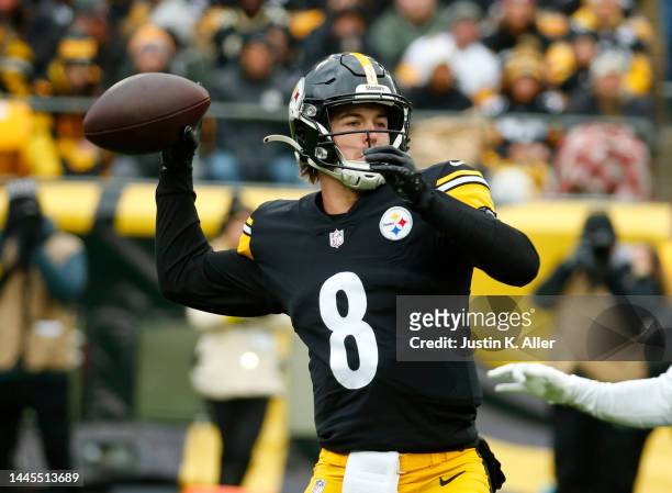 Kenny Pickett of the Pittsburgh Steelers in action against the New Orleans Saints on November 13, 2022 at Acrisure Stadium in Pittsburgh,...