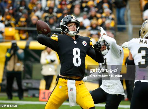 Kenny Pickett of the Pittsburgh Steelers in action against the New Orleans Saints on November 13, 2022 at Acrisure Stadium in Pittsburgh,...