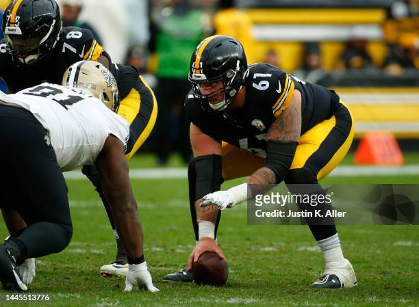 Mason Cole of the Pittsburgh Steelers in action against the New Orleans Saints on November 13, 2022 at Acrisure Stadium in Pittsburgh, Pennsylvania.
