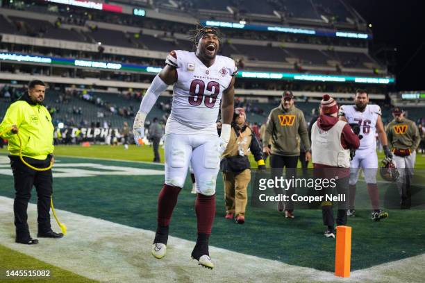 Jonathan Allen of the Washington Commanders celebrates against the Philadelphia Eagles at Lincoln Financial Field on November 14, 2022 in...