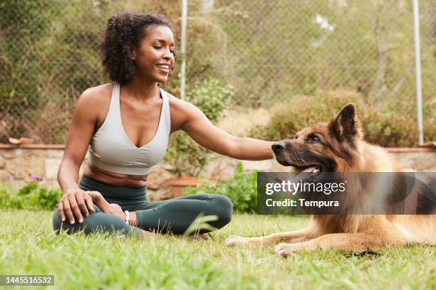 yoga instructor shares a beautiful moment in nature with her german shepherd - alsation stockfoto's en -beelden