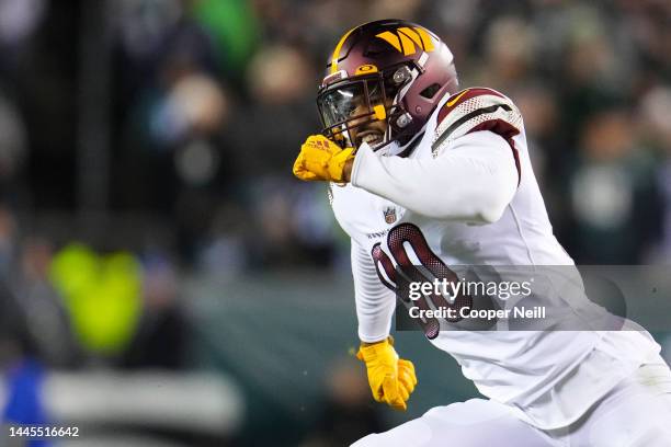 Montez Sweat of the Washington Commanders defends against the Philadelphia Eagles at Lincoln Financial Field on November 14, 2022 in Philadelphia.