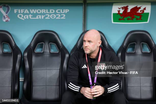 Rob Page, Head Coach of Wales, looks on prior to the FIFA World Cup Qatar 2022 Group B match between Wales and England at Ahmad Bin Ali Stadium on...