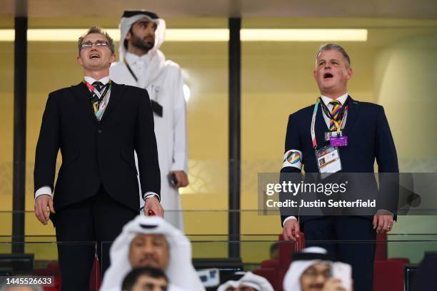 Stuart Andrew, Parliamentary Under-Secretary of State for Sport, Tourism, Heritage and Civil Society, wears an armband reading "One Love" prior to...