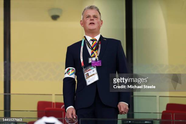 Stuart Andrew, Parliamentary Under-Secretary of State for Sport, Tourism, Heritage and Civil Society, wears an armband reading "One Love" prior to...