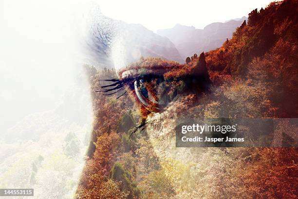 double exposure of woman and nature - dubbelopname stockfoto's en -beelden