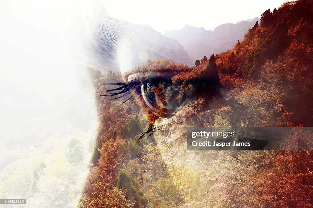 Double exposure of woman and nature