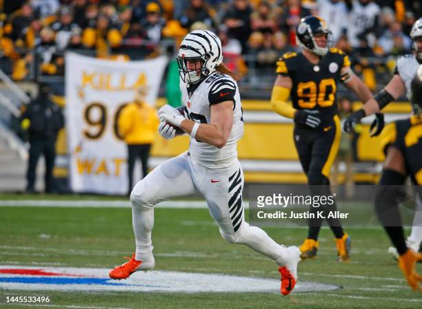 Hayden Hurst of the Cincinnati Bengals in action against the Pittsburgh Steelers on November 20, 2022 at Acrisure Stadium in Pittsburgh, Pennsylvania.