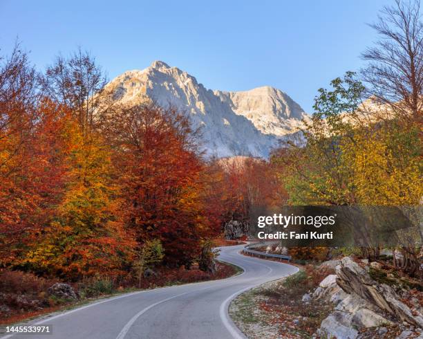 kurvenreiche straße durch die albanischen alpen valbona fluss - tal stock-fotos und bilder