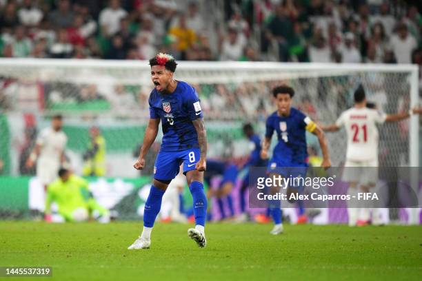 Weston McKennie of United States celebrates after their first goal by Christian Pulisic during the FIFA World Cup Qatar 2022 Group B match between IR...