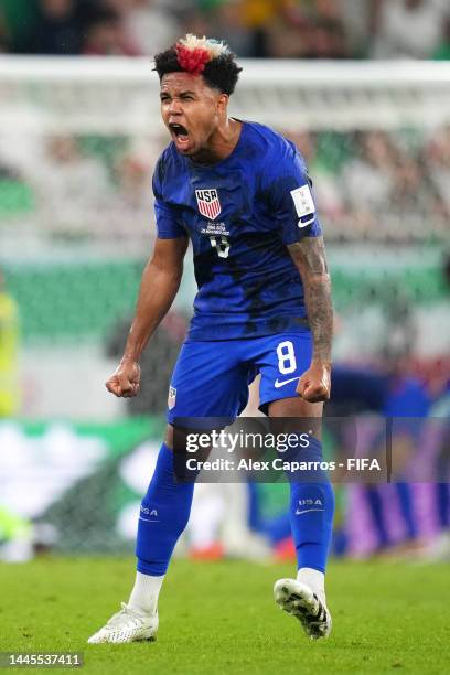 Weston McKennie of United States celebrates after their first goal by Christian Pulisic during the FIFA World Cup Qatar 2022 Group B match between IR...