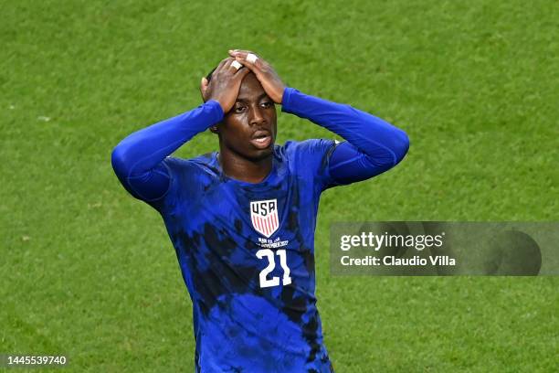 Timothy Weah of United States reacts after scoring a goal which was later disallowed for offside during the FIFA World Cup Qatar 2022 Group B match...