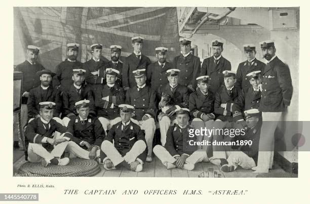 stockillustraties, clipart, cartoons en iconen met captain and officers of hms astraea a second class cruiser of the royal navy, 1890s - old uk flag