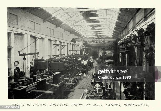 engine erecting shops at laird brothers shipyard, birkenhead, history royal navy shipbuilding, 19th century - industrial revolution stock illustrations