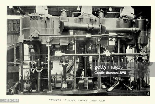 ships engines of hms mars, history royal navy pre-dreadnought battleship of the majestic class - 19th century steam train stock illustrations