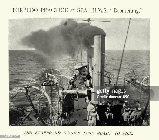 torpedo practice at sea on hms boomerang, royal navy warship, 1890s, vintage photograph - horizontal funnel stock illustrations