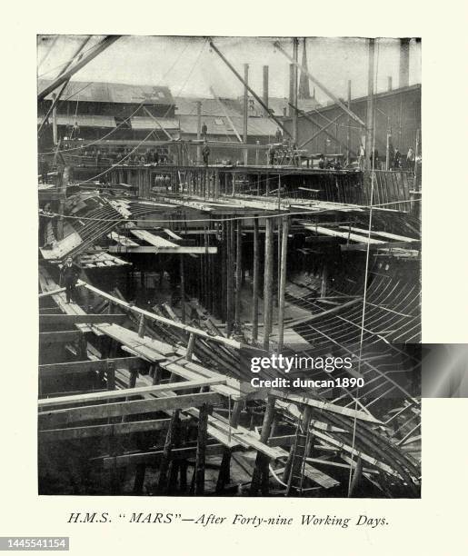 Workers At Laird Brothers Shipyard Birkenhead Building Battleship Hms Mars History Royal Navy Shipbuilding 19th Century, 照片檔
