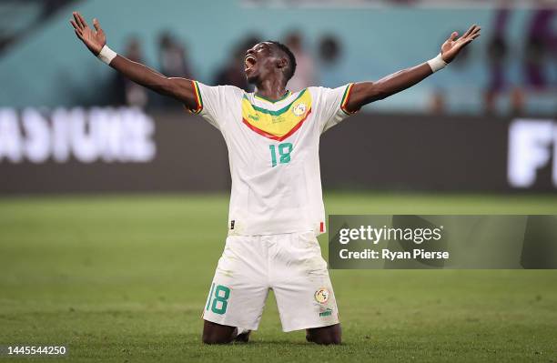 Ismaila Sarr of Senegal celebrates after their sides victory during the FIFA World Cup Qatar 2022 Group A match between Ecuador and Senegal at...