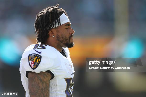 DeSean Jackson of the Baltimore Ravens looks on during the first half against the Jacksonville Jaguars at TIAA Bank Field on November 27, 2022 in...