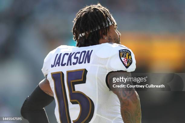 DeSean Jackson of the Baltimore Ravens looks on during the first half against the Jacksonville Jaguars at TIAA Bank Field on November 27, 2022 in...