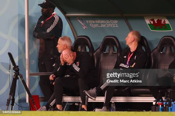 Rob Page, Manager of Wales looks dejected during the FIFA World Cup Qatar 2022 Group B match between Wales and England at Ahmad Bin Ali Stadium on...