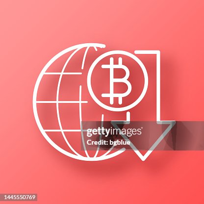 Bitcoin rate decrease. Icon on Red background with shadow Bitcoin rate decrease. Icon on Red background with shadow