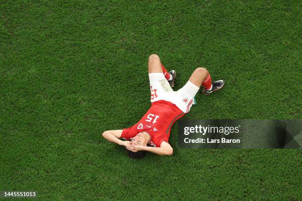 Ethan Ampadu of Wales looks dejected following their side's defeat in the FIFA World Cup Qatar 2022 Group B match between Wales and England at Ahmad...