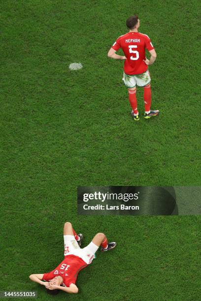 Ethan Ampadu of Wales looks dejected following their side's defeat in the FIFA World Cup Qatar 2022 Group B match between Wales and England at Ahmad...