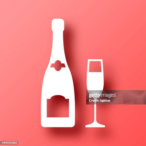 champagne bottle and glass. icon on red background with shadow - prosecco stock illustrations
