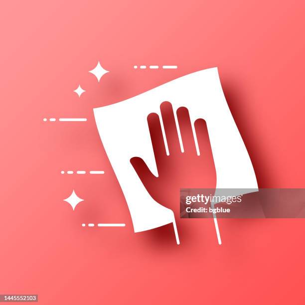 clean and sanitize with wipes. icon on red background with shadow - microfiber cloth stock illustrations