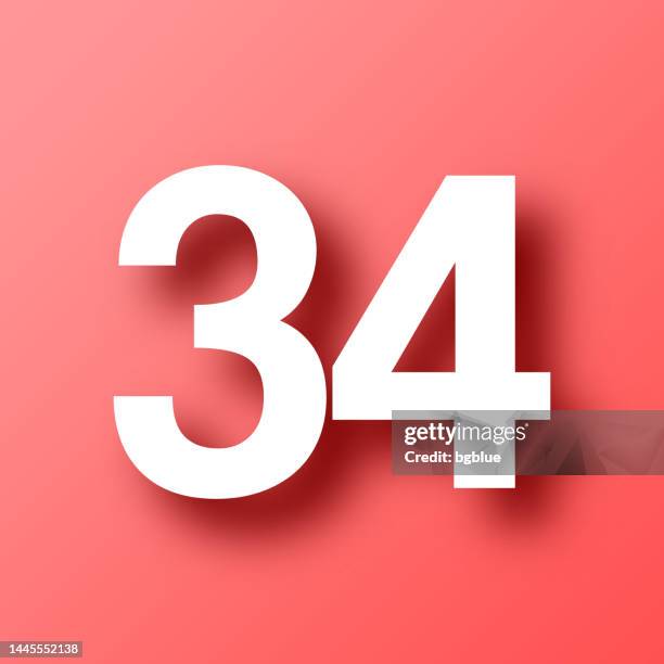 34 - number thirty-four. icon on red background with shadow - number 34 stock illustrations