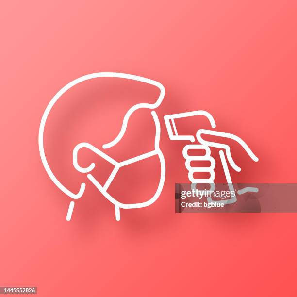 checking body temperature. icon on red background with shadow - forehead temperature stock illustrations