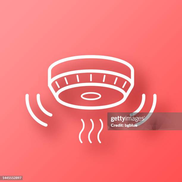 ilustraciones, imágenes clip art, dibujos animados e iconos de stock de detector de humo. icono sobre fondo rojo con sombra - smoke-detector-with-smoke