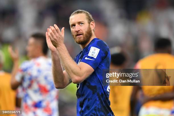 Tim Ream of United States celebrates after their sides victory during the FIFA World Cup Qatar 2022 Group B match between IR Iran and USA at Al...