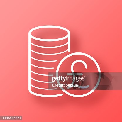 Pound coins stack. Icon on Red background with shadow Pound coins stack. Icon on Red background with shadow