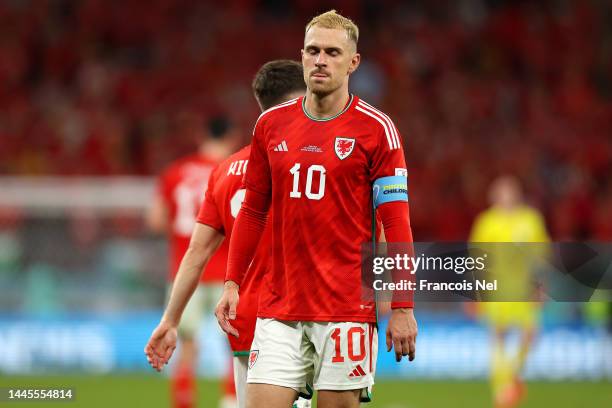 Aaron Ramsey of Wales reacts during the FIFA World Cup Qatar 2022 Group B match between Wales and England at Ahmad Bin Ali Stadium on November 29,...