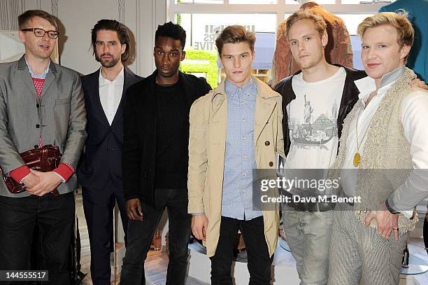 Host Charlie Porter, Jack Guinness, Nathan Stewart-Jarrett, Oliver Cheshire, Jack Fox and Henry Conway attend the British Designers Collective Mens...