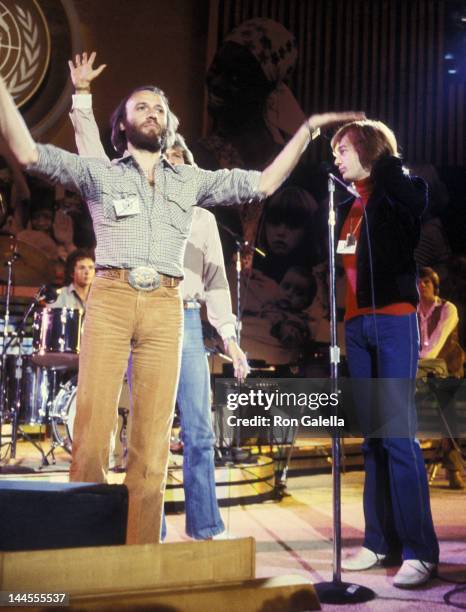 Maurice Gibb, Barry Gibb and Robin Gibb attend the rehearsals for "A Gift of Song" UNICEF Concert on January 19, 1979 at the United Nations in New...