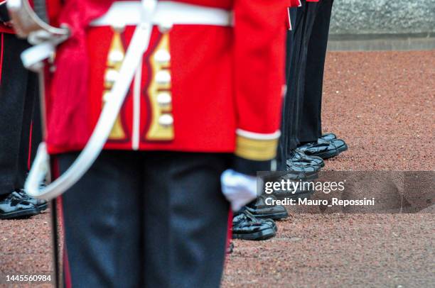 des soldats armés se forment dans la cour avant de buckingham palace, à londres, en angleterre. - royal guard uniform photos et images de collection