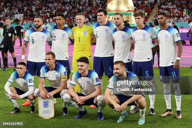 The England starting eleven line up for a team photo prior to kick off, back row ; Kyle Walker, Jude Bellingham, Jordan Pickford, Harry Maguire,...